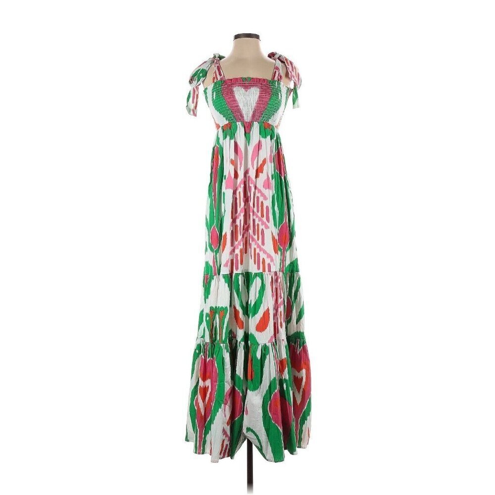 NWT Sheridan French Kelly in Heart Ikat Cotton Smocked Tiered Maxi Dress XS - Picture 3 of 6